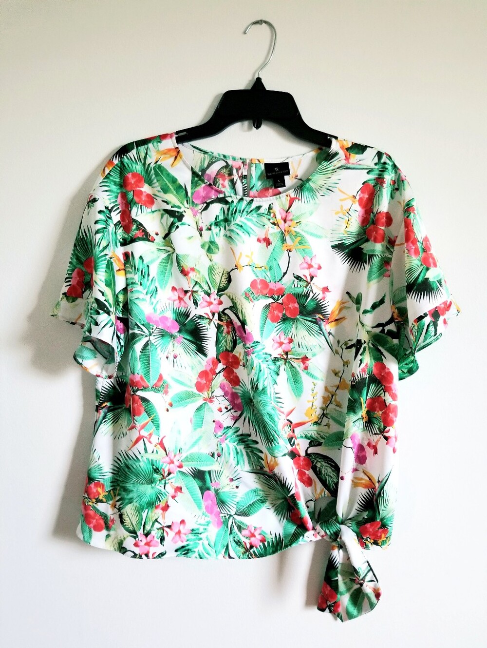 Worthington White  Santin Tropical Floral Tie-Hem Blouse